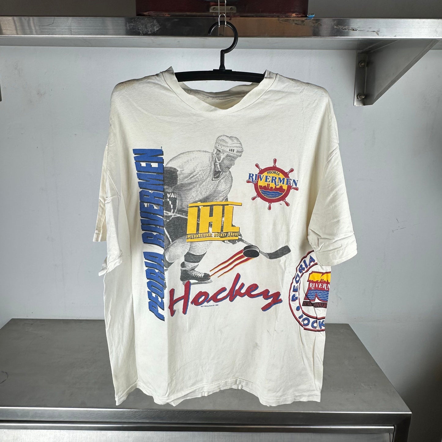 Vintage 1993 Peoria Rivermen IHL Hockey AOP T-shirt