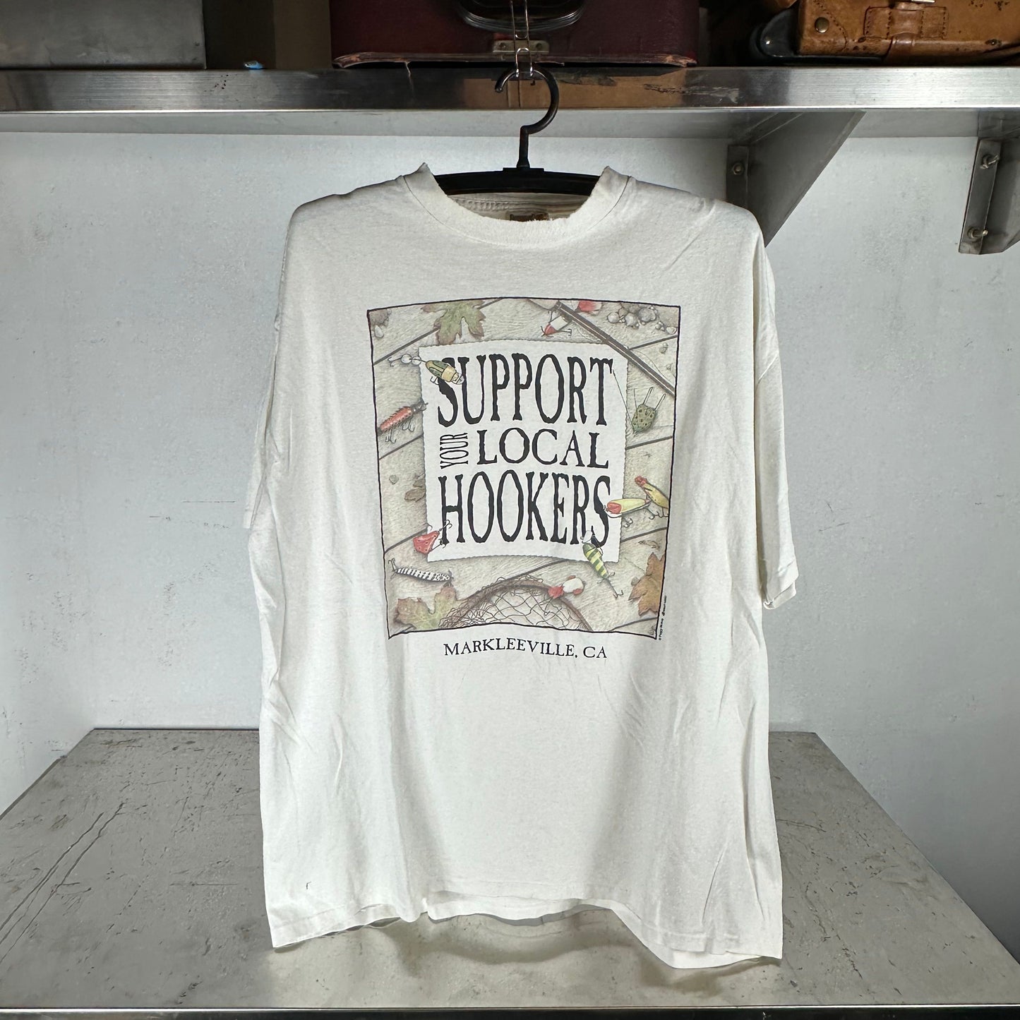 Vintage 90s Support Your Local Hookers Fishing Humor Graphic T-Shirt
