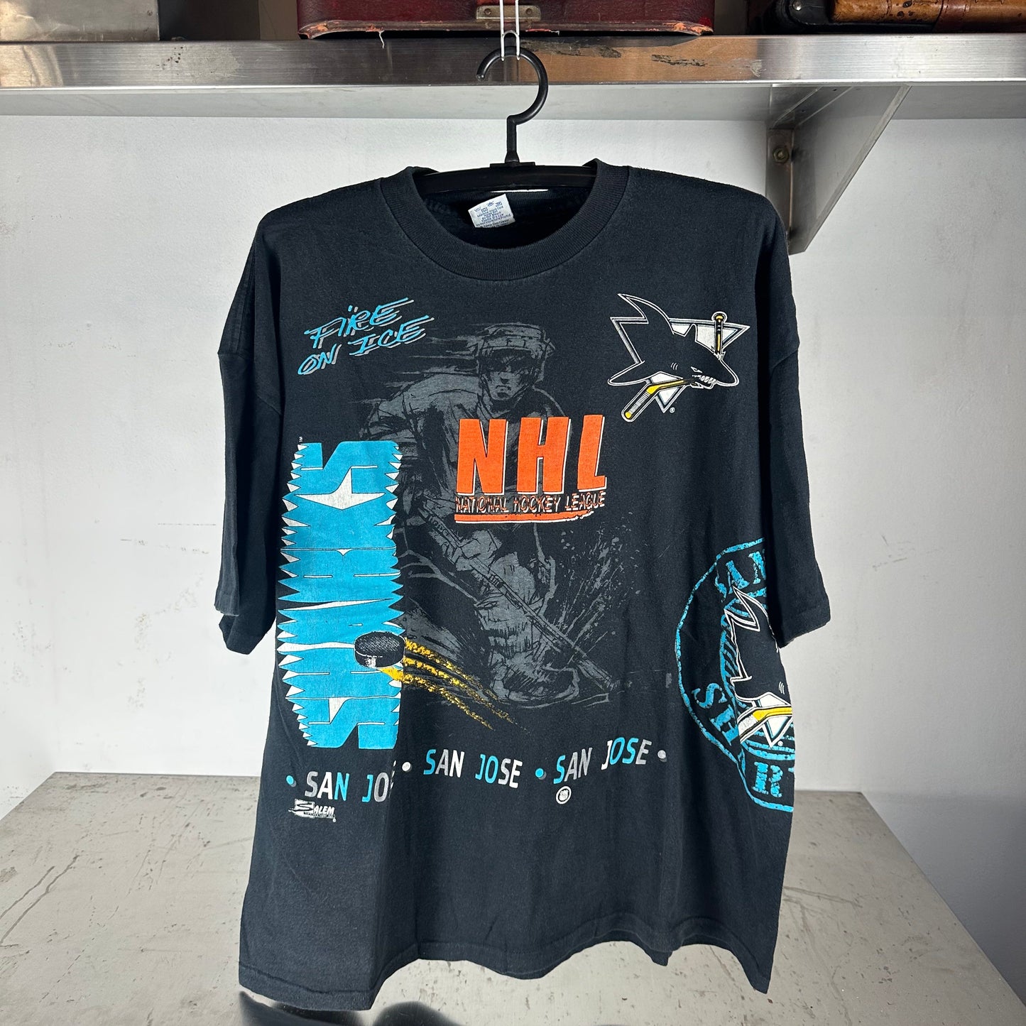 Vintage 90s San Jose Sharks Fire On Ice NHL AOP Salem Sportswear XL T-shirt
