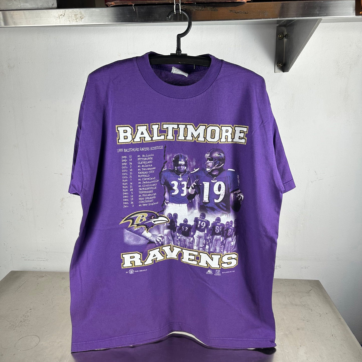 Vintage 1999 Baltimore Ravens NFL Schedule Graphic T-shirt