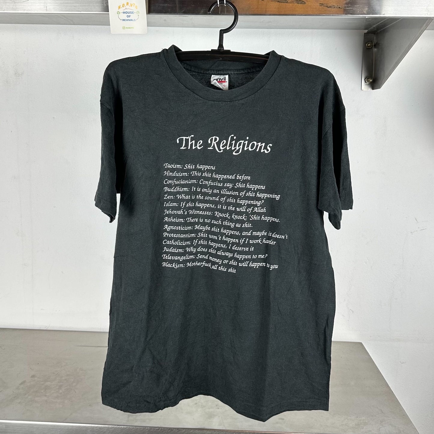90s The Religion Sh*t Happens Humor single stitch T-shirt