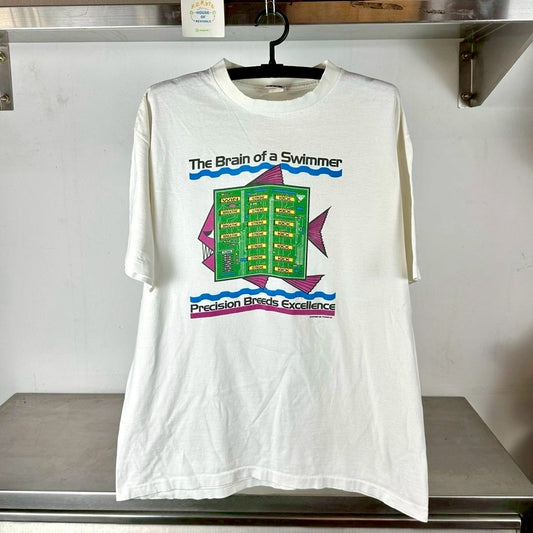 Vintage 90s The Brain of a Swimmer Computer Humor Artwork XL T-shirt