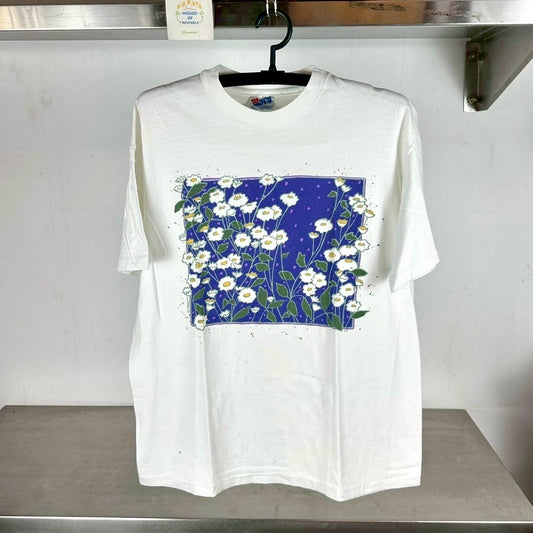 Vintage 90s Flowers Nature Painting Artwork Large Single Stitch T-shirt