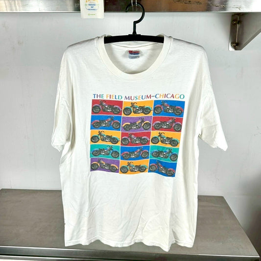 Vintage 90s Motorcycle Pop Art The Field Museum Chicago Artwork Large single stitch T-shirt