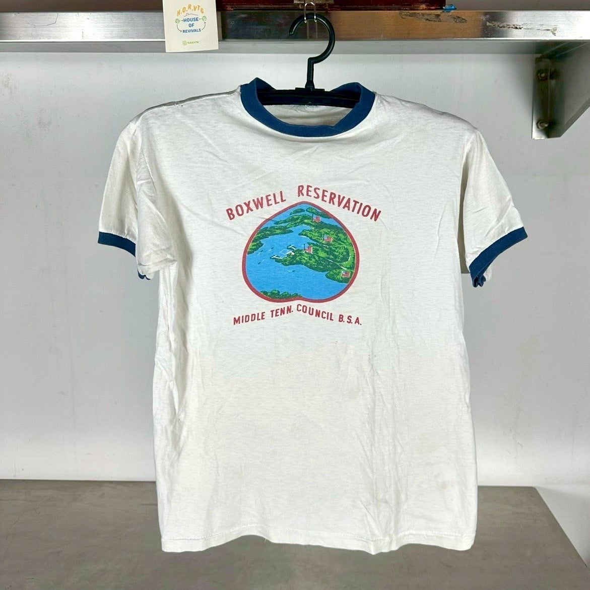 Vintage 80s Boxwell Reservation Graphic Ringer M single stitch T-shirt