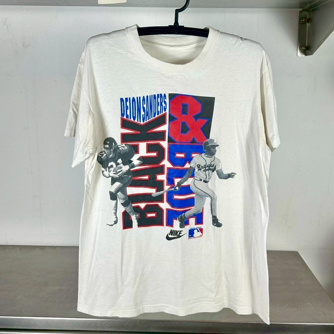 Vintage Nike 90s Deion Sanders Black % Blue NFL MLB Large Single Stitch T-shirt