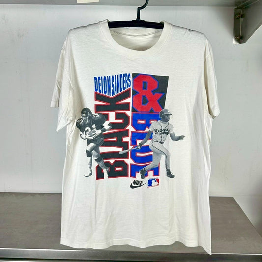 Vintage Nike 90s Deion Sanders Black % Blue NFL MLB Large Single Stitch T-shirt