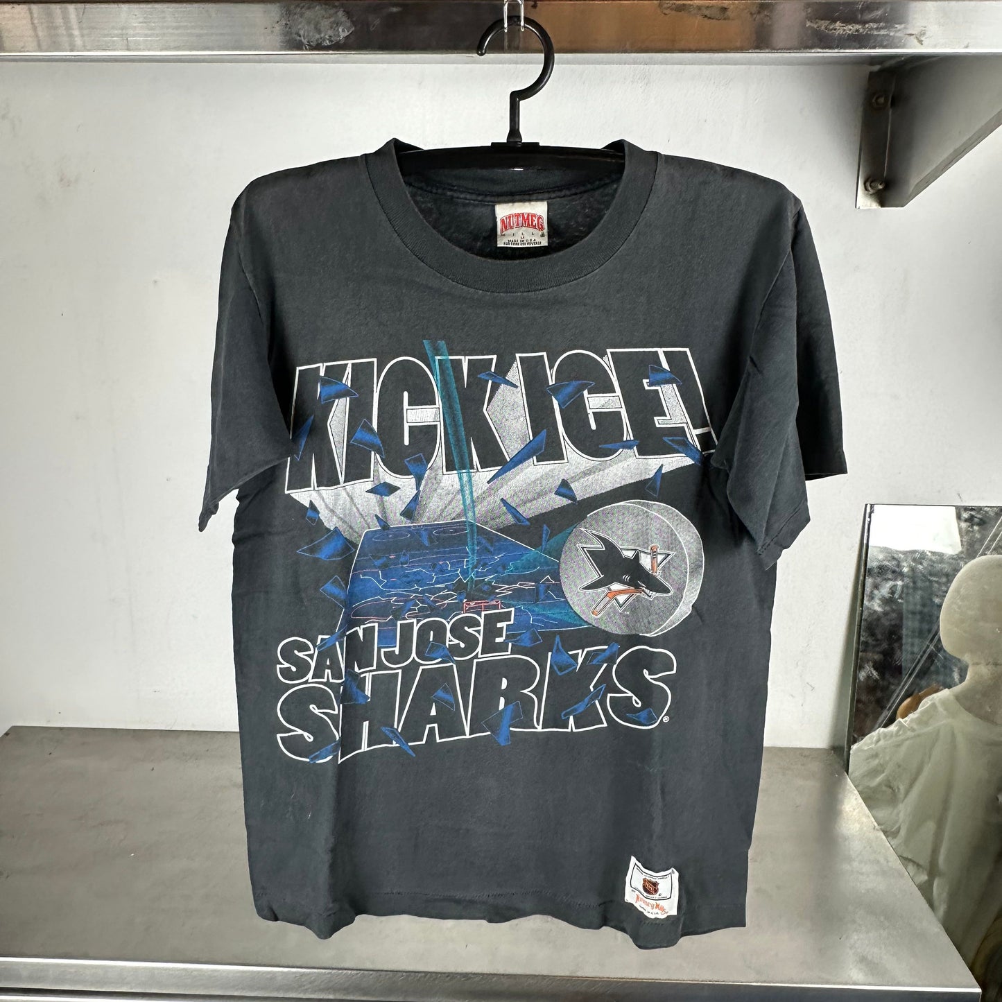 Vintage 90s San Jose Sharks Kick Ice! NHL Nutmeg T-Shirt