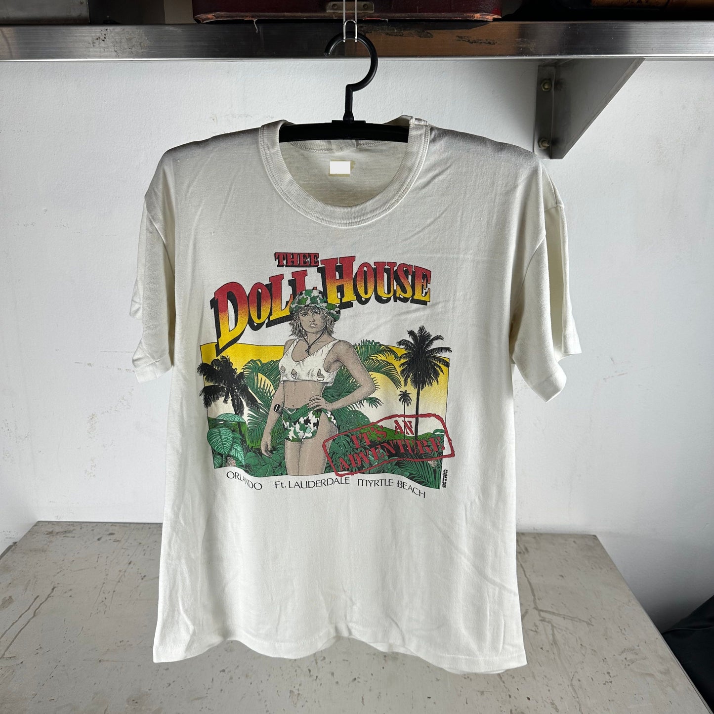 Vintage 80s Thee Doll House Florida It's An Adventure Strip Club T-shirt