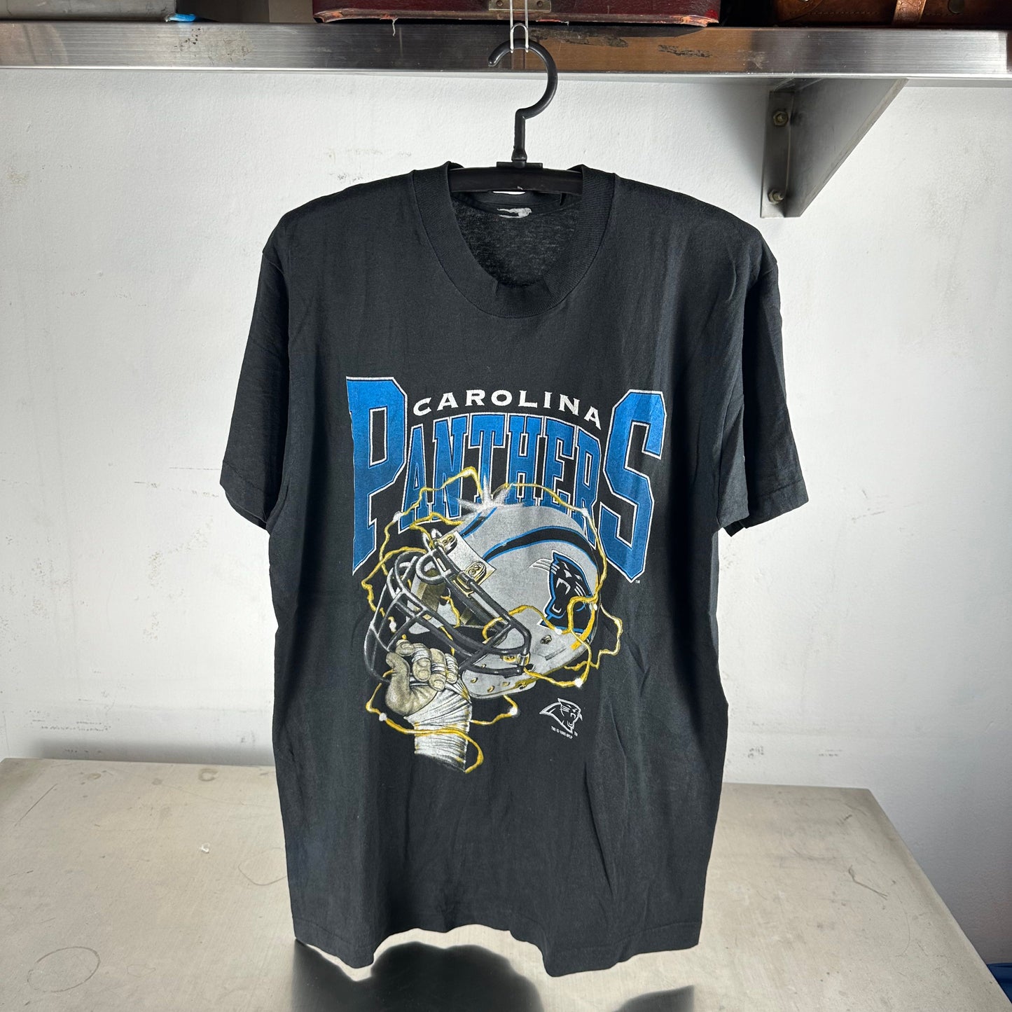 Vintage 1995 Carolina Panthers Lightning Helmet NFL Graphic T-Shirt
