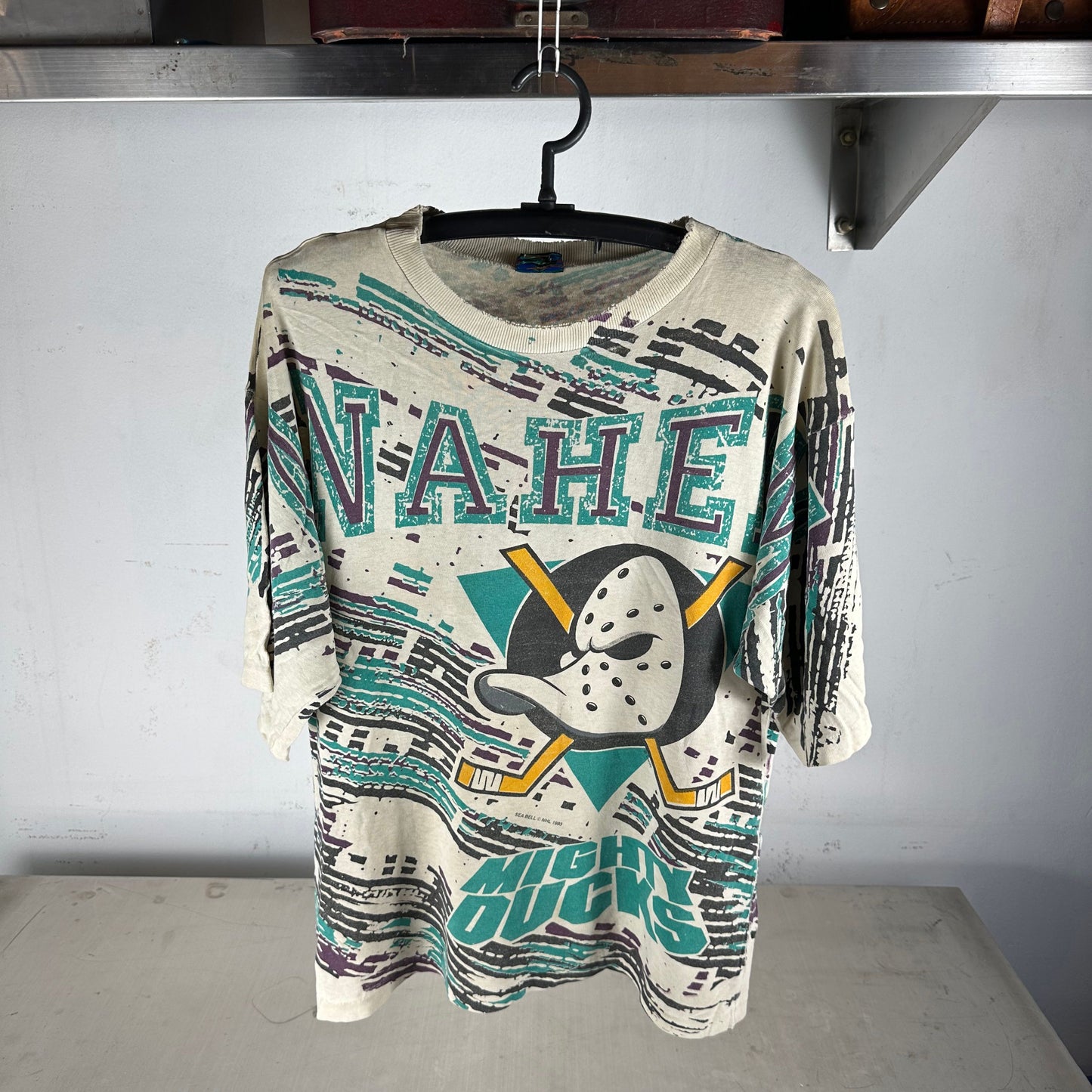 Vintage 1993 Anaheim Mighty Ducks NHL All Over Print AOP T-Shirt