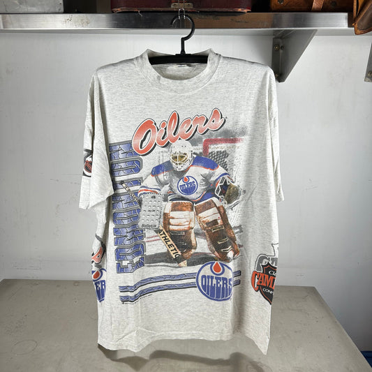 Vintage 1991 Edmonton Oilers Bulletin Athletic NHL AOP Single Stitch T-shirt