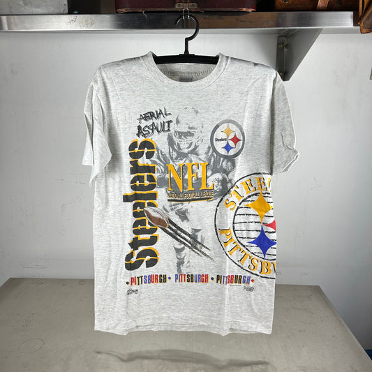 Vintage 1990 Pittsburgh Steelers NFL Aerial Assault AOP Salem Sportswear T-shirt