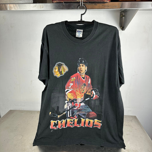 Vintage 90s Chris Chelios Chicago Blackhawks NHL Single Stitch T-shirt