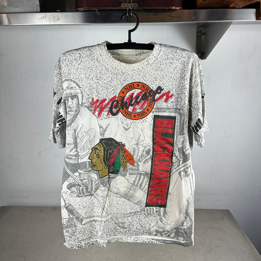 Vintage 90s Chicago Blackhawks Hockey NHL AOP Single Stitch T-shirt