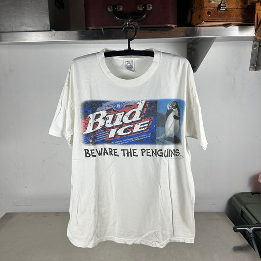 Vintage 1996 Bud Ice Beer Beware the Penguins Promo Graphic T-shirt