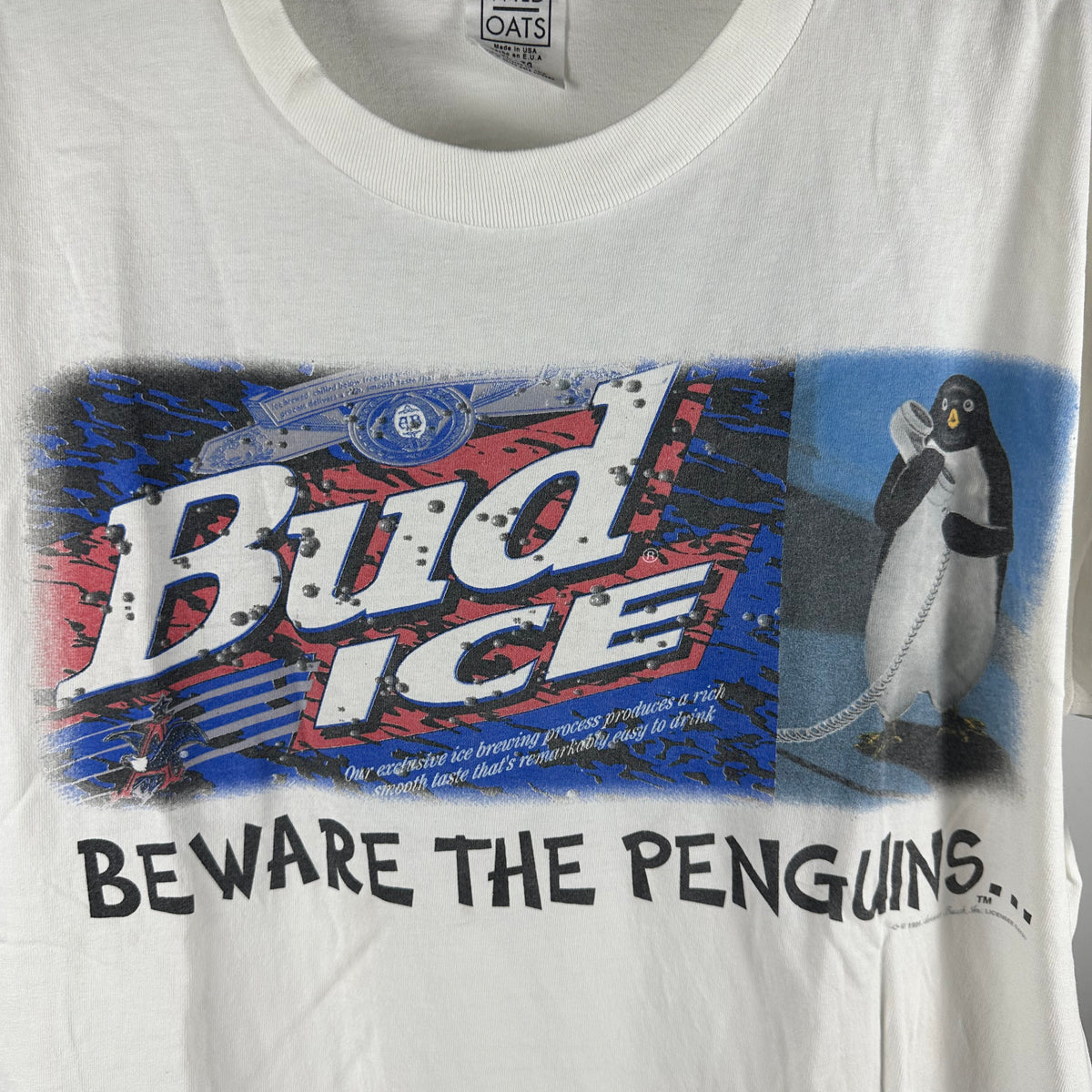 Vintage 1996 Bud Ice Beer Beware the Penguins Promo Graphic T-shirt