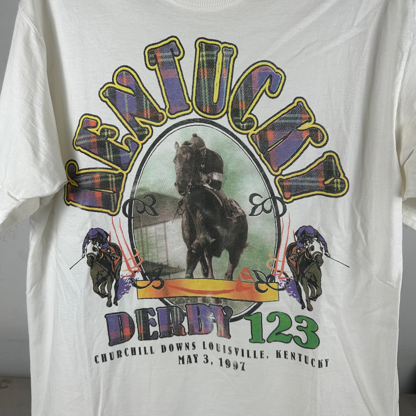 Vintage 1997 Kentucky Derby 123 Horse Racing Graphic T-shirt