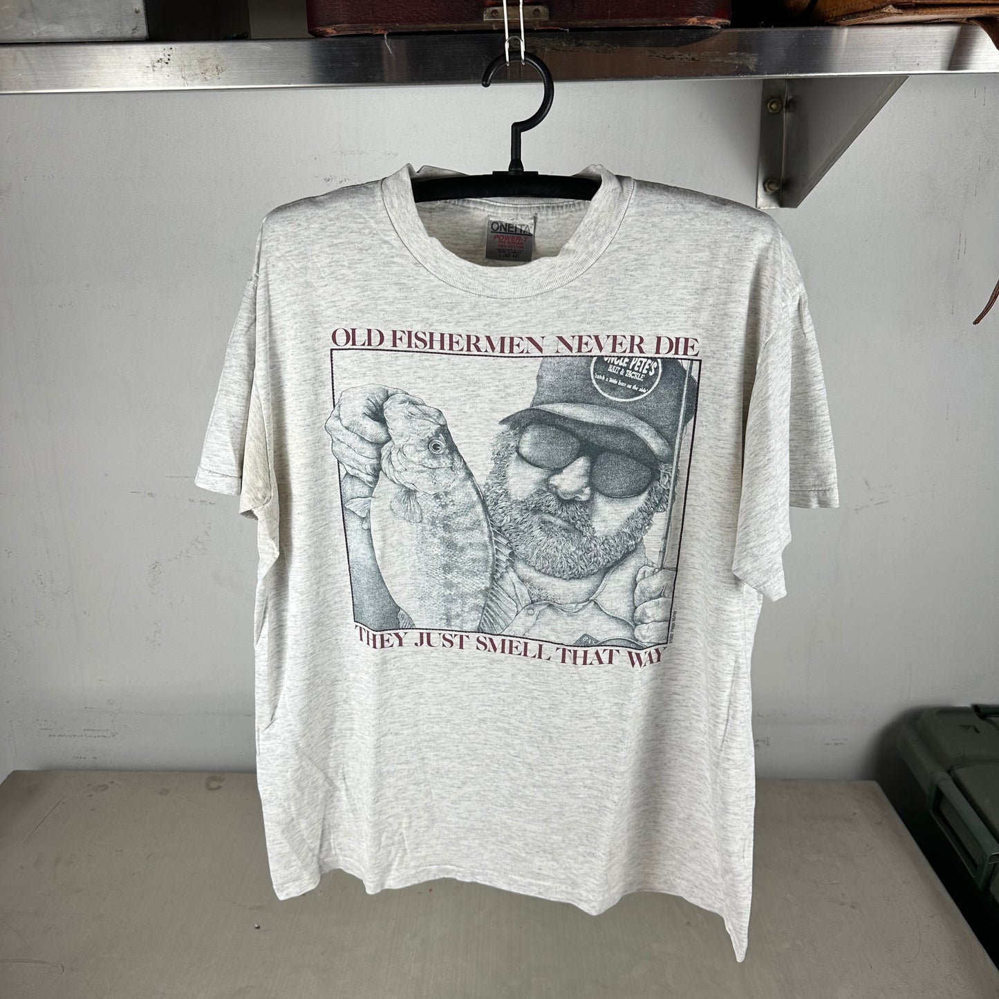 Vintage 1992 Peggy Murray Old Fishermen Never Die Graphic Single Stitch T-shirt