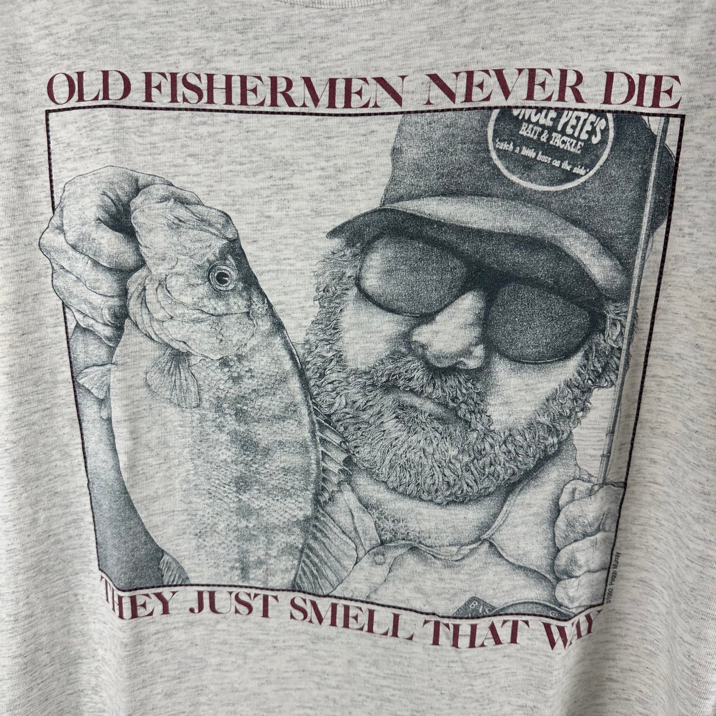 Vintage 1992 Peggy Murray Old Fishermen Never Die Graphic Single Stitch T-shirt