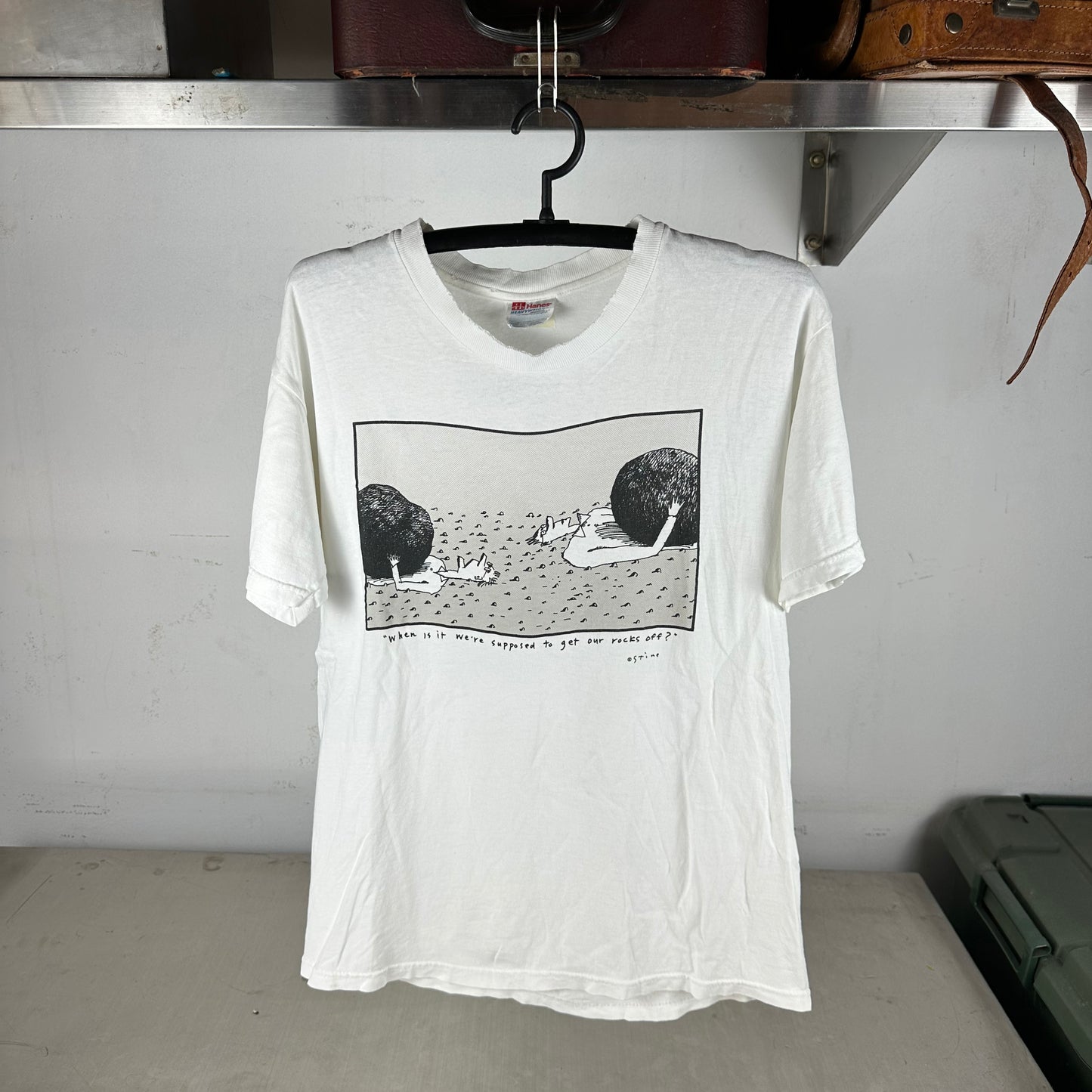 Vintage 90s Richard Stine When is it We're Supposed to Get Our Rocks Off? Artwork T-shirt