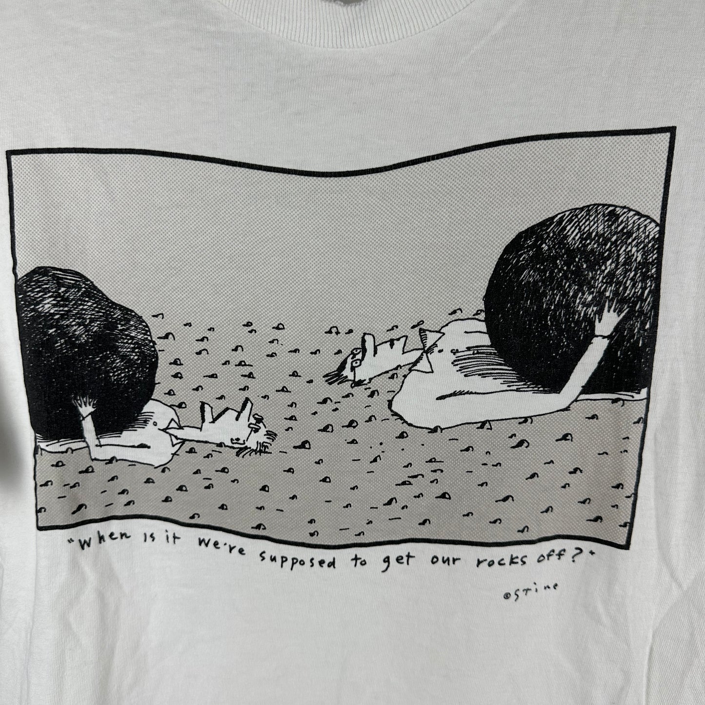 Vintage 90s Richard Stine When is it We're Supposed to Get Our Rocks Off? Artwork T-shirt