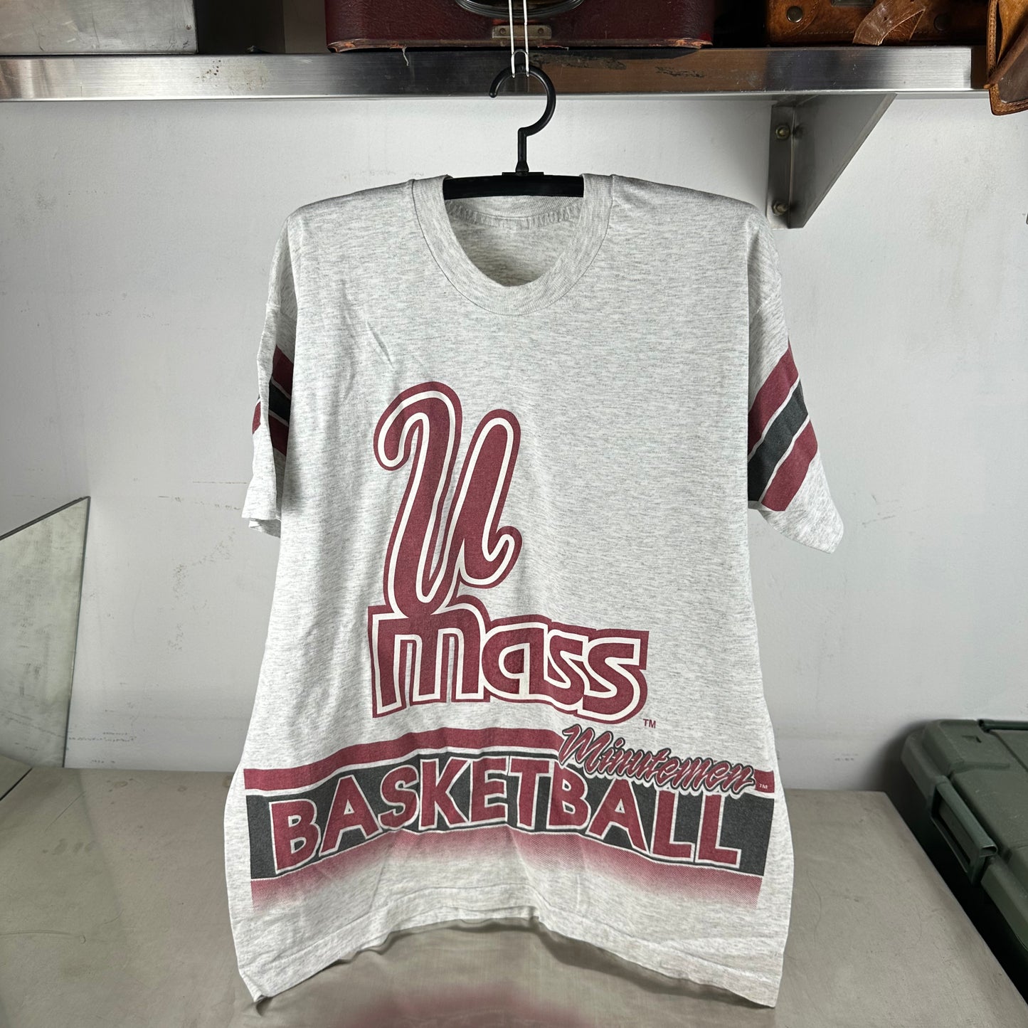 Vintage 90s UMass Minutemen Basketball NCAA All Over Print AOP Single Stitch T-shirt