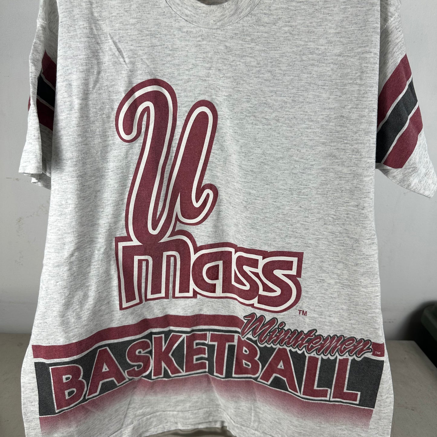 Vintage 90s UMass Minutemen Basketball NCAA All Over Print AOP Single Stitch T-shirt