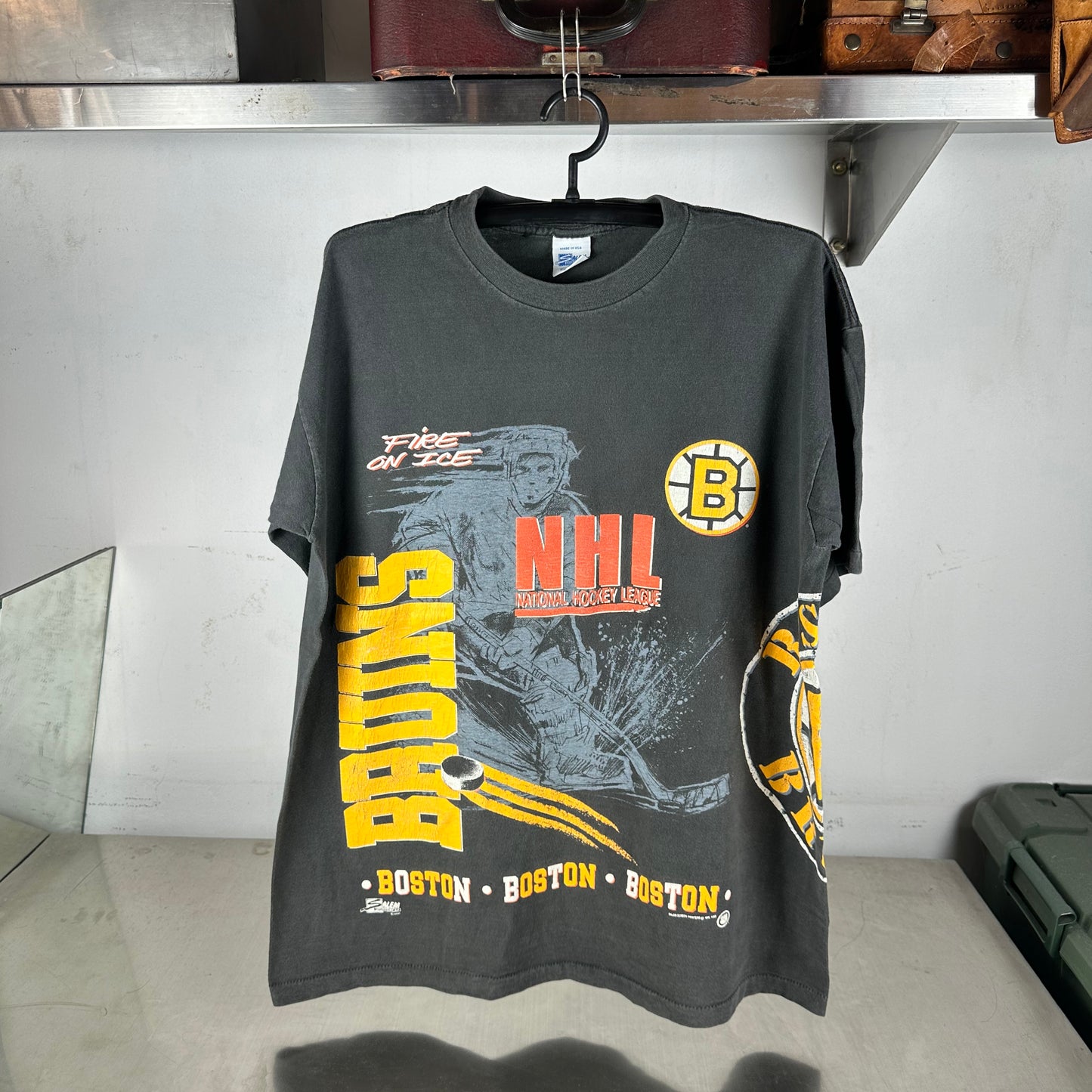 Vintage 1990 Boston Bruins Fire On Ice NHL Salem Sportswear AOP T-shirt