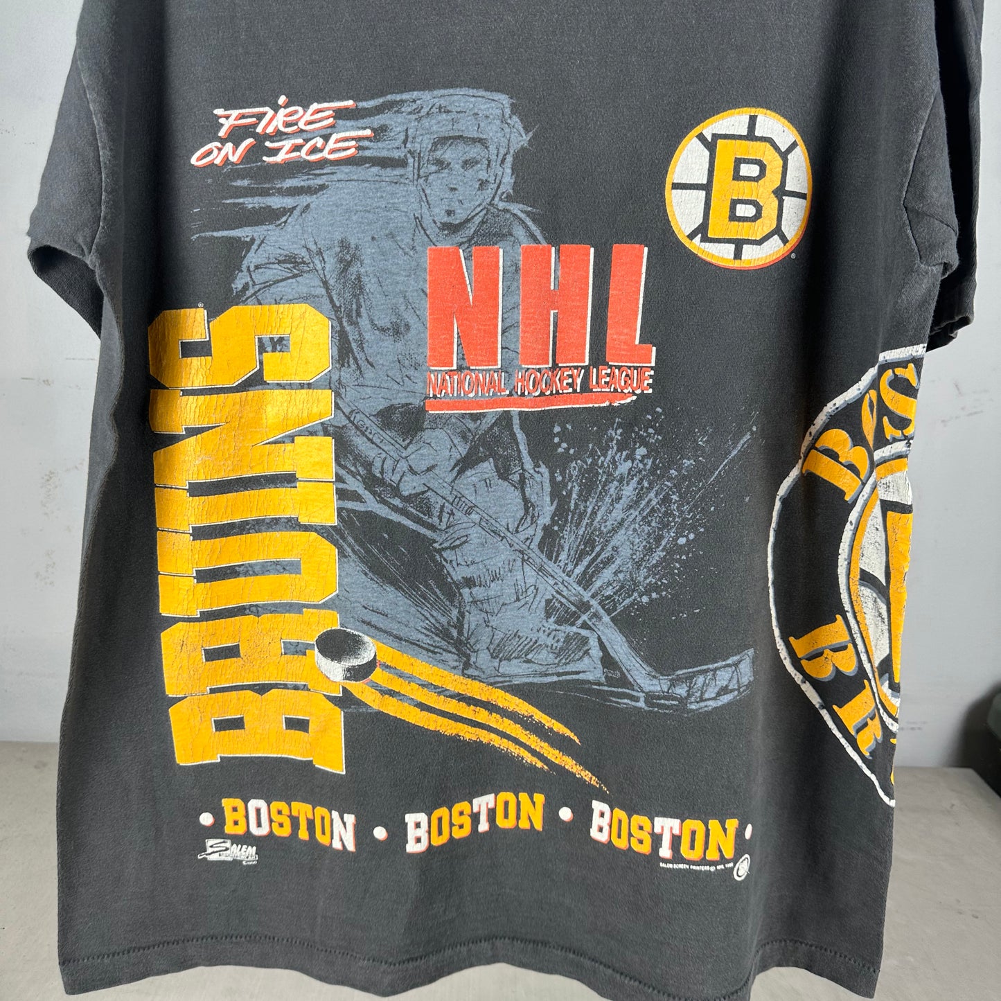 Vintage 1990 Boston Bruins Fire On Ice NHL Salem Sportswear AOP T-shirt