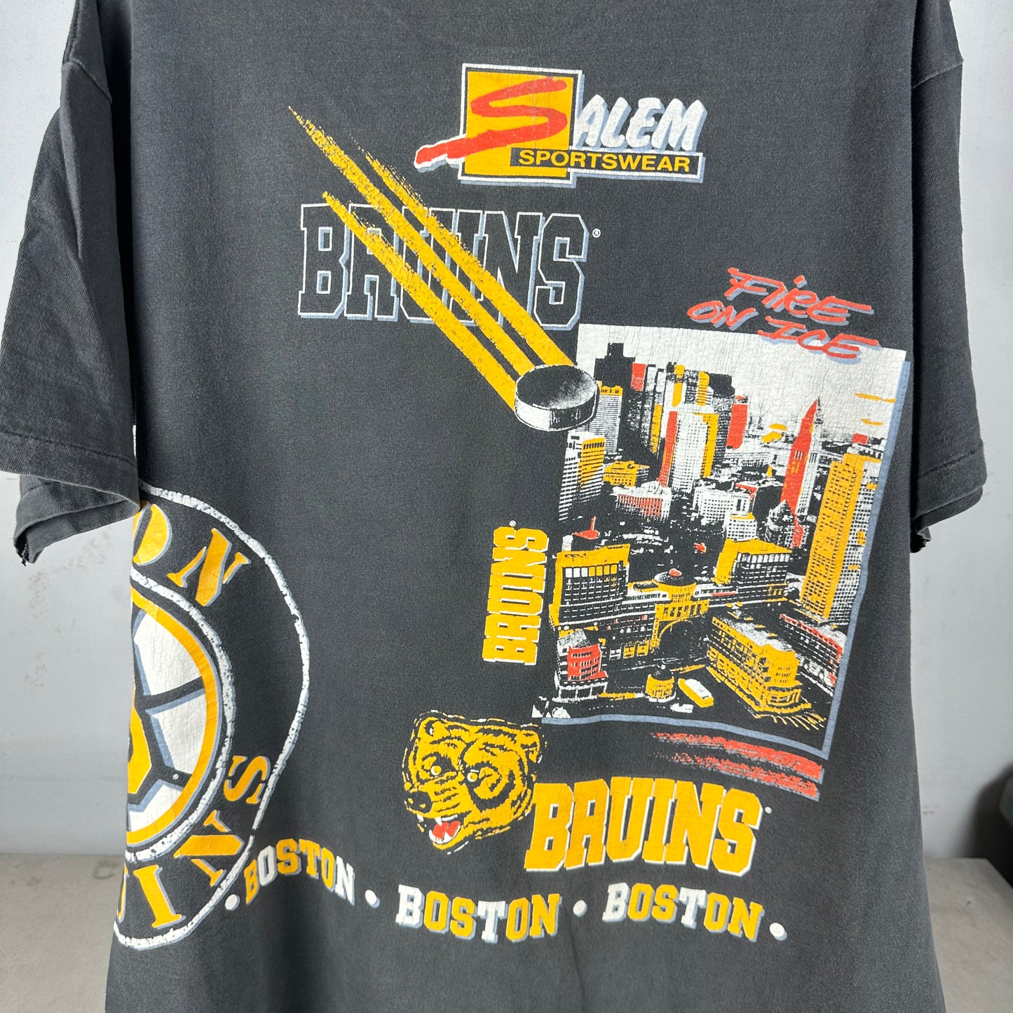 Vintage 1990 Boston Bruins Fire On Ice NHL Salem Sportswear AOP T-shirt