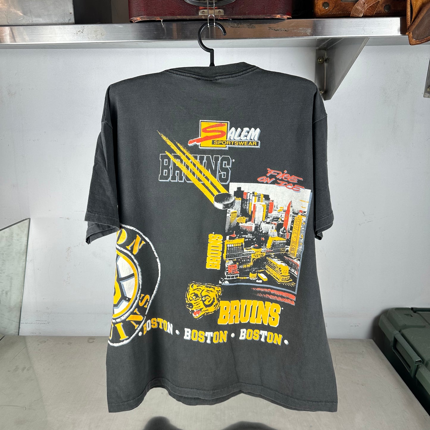Vintage 1990 Boston Bruins Fire On Ice NHL Salem Sportswear AOP T-shirt