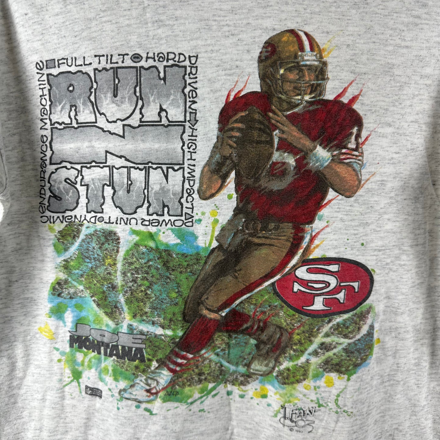Vintage 1990 Joe Montana San Francisco 49ers NFL Run N Stun Single Stitch T-shirt