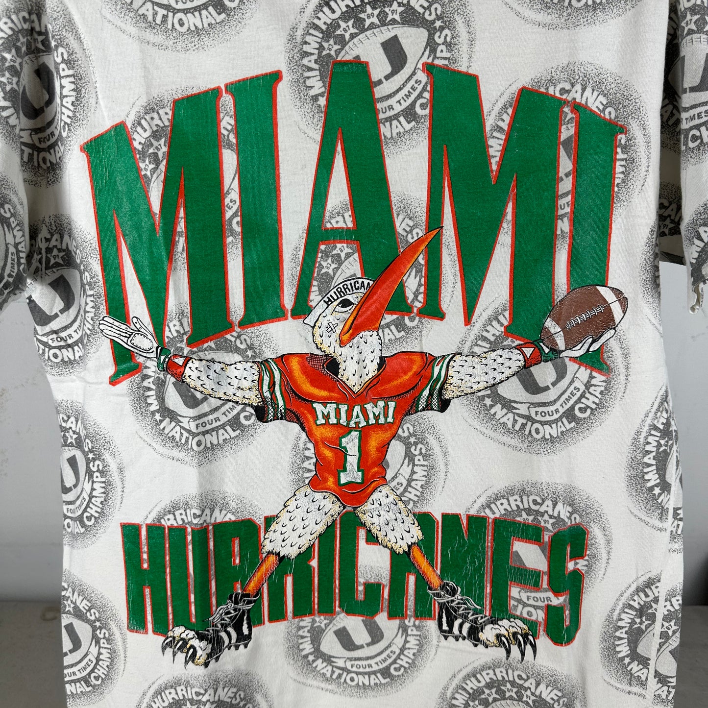 Vintage 90s Miami Hurricanes NCAA Football Champions AOP Single Stitch T-shirt