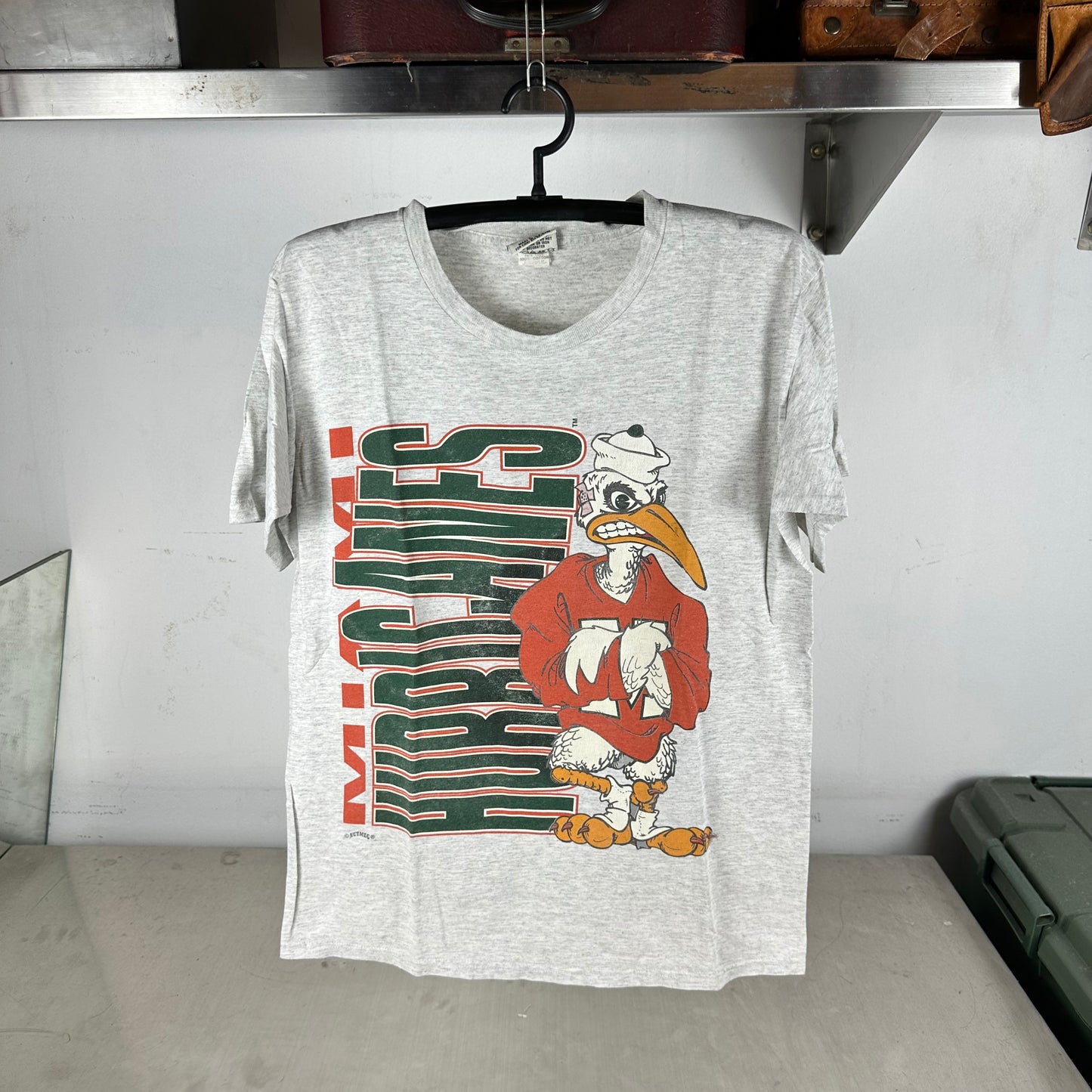 Vintage 90s Miami Hurricanes NCAA Mascot Nutmeg Double Sided Graphic T-shirt