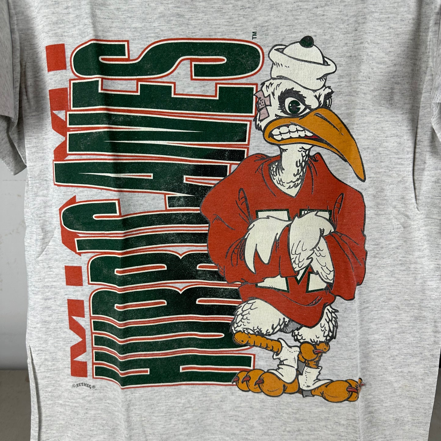 Vintage 90s Miami Hurricanes NCAA Mascot Nutmeg Double Sided Graphic T-shirt