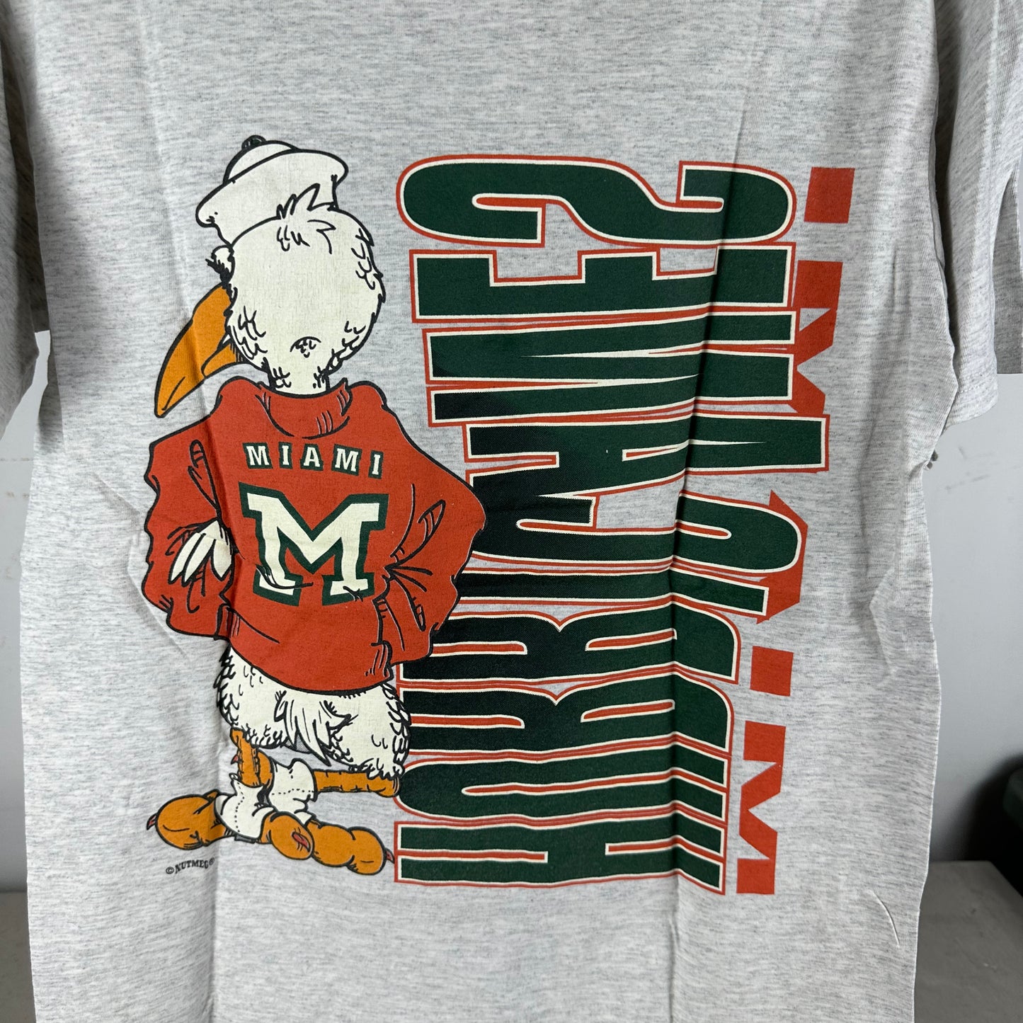 Vintage 90s Miami Hurricanes NCAA Mascot Nutmeg Double Sided Graphic T-shirt
