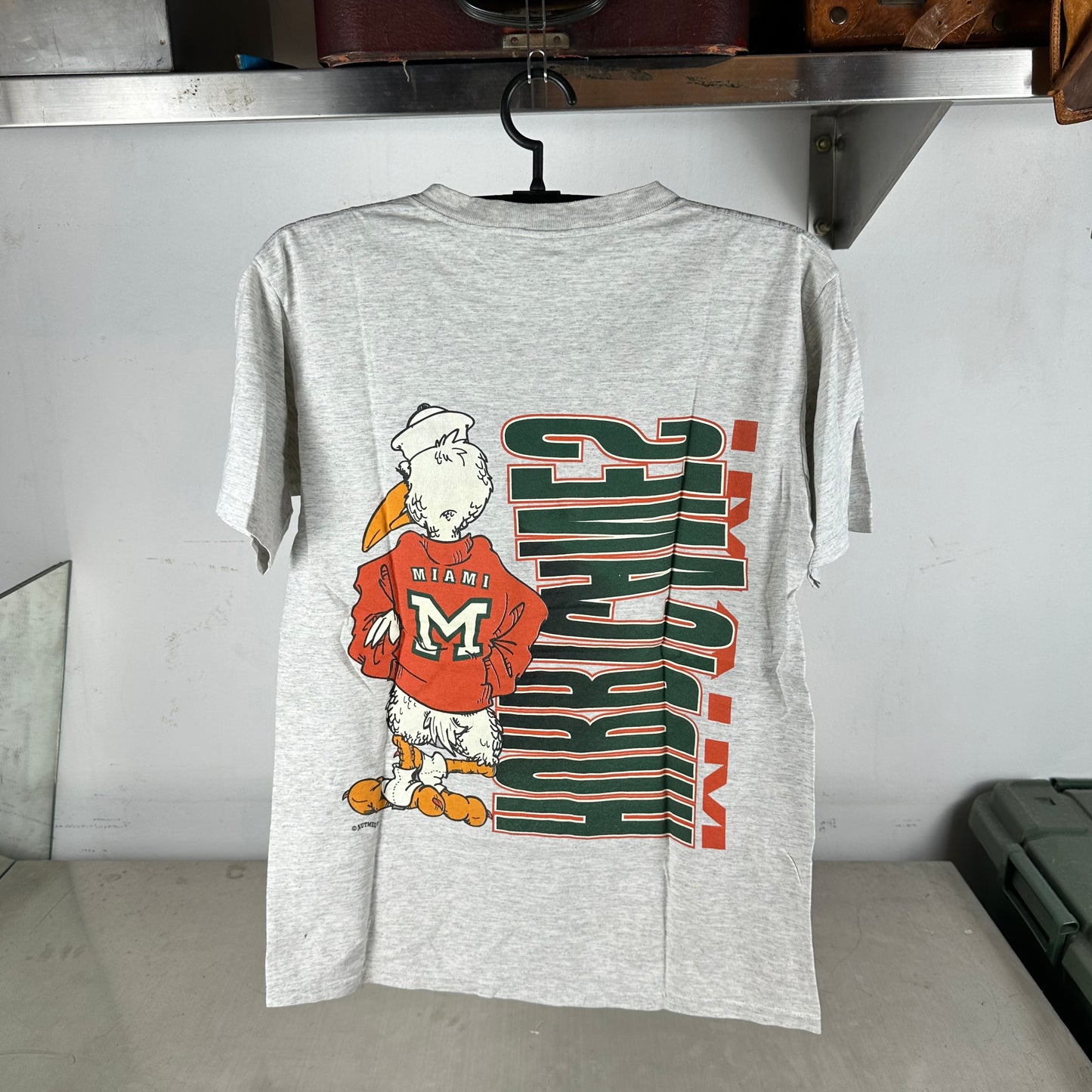 Vintage 90s Miami Hurricanes NCAA Mascot Nutmeg Double Sided Graphic T-shirt