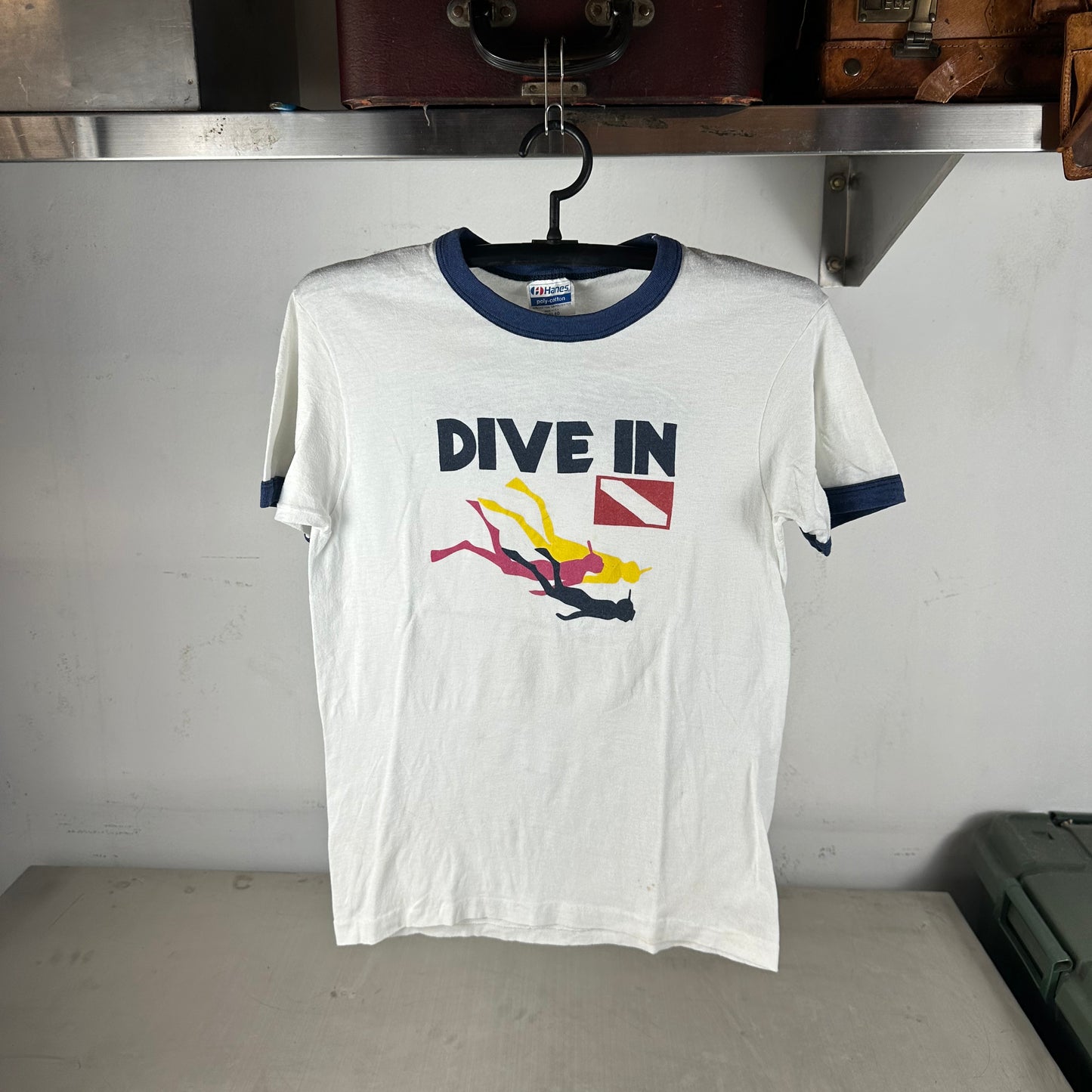Vintage 80s Dive In Double Sided Graphic Single Stitch Ringer T-shirt