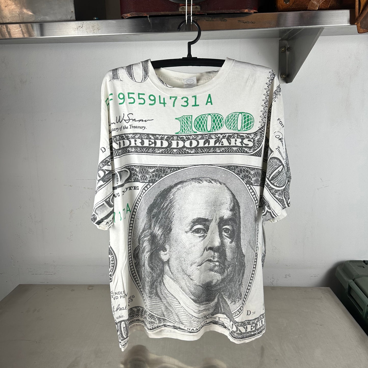 Vintage 2000s $100 Bill Benjamin Franklin All Over Print AOP Graphic T-shirt