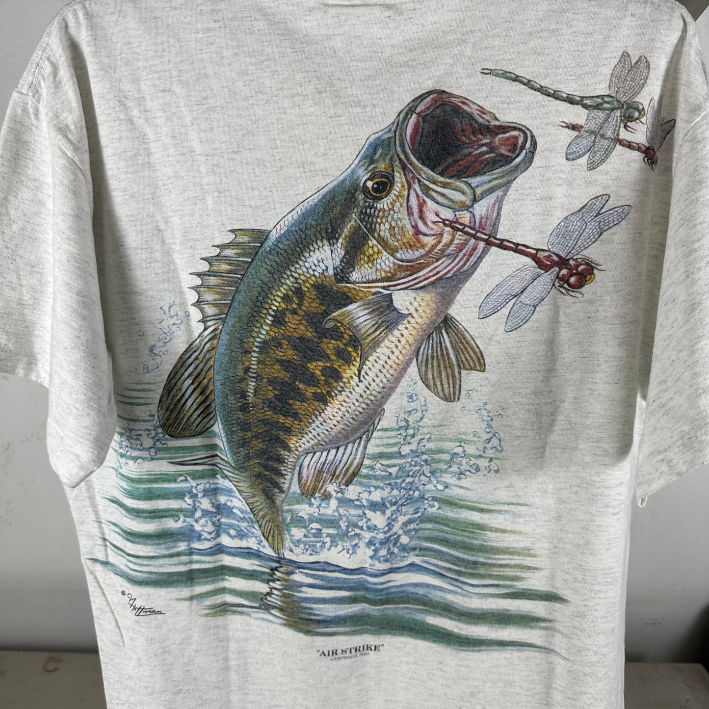 Vintage 90s Largemouth Bass Air Strike Environmental Art Wear Graphic T-shirt