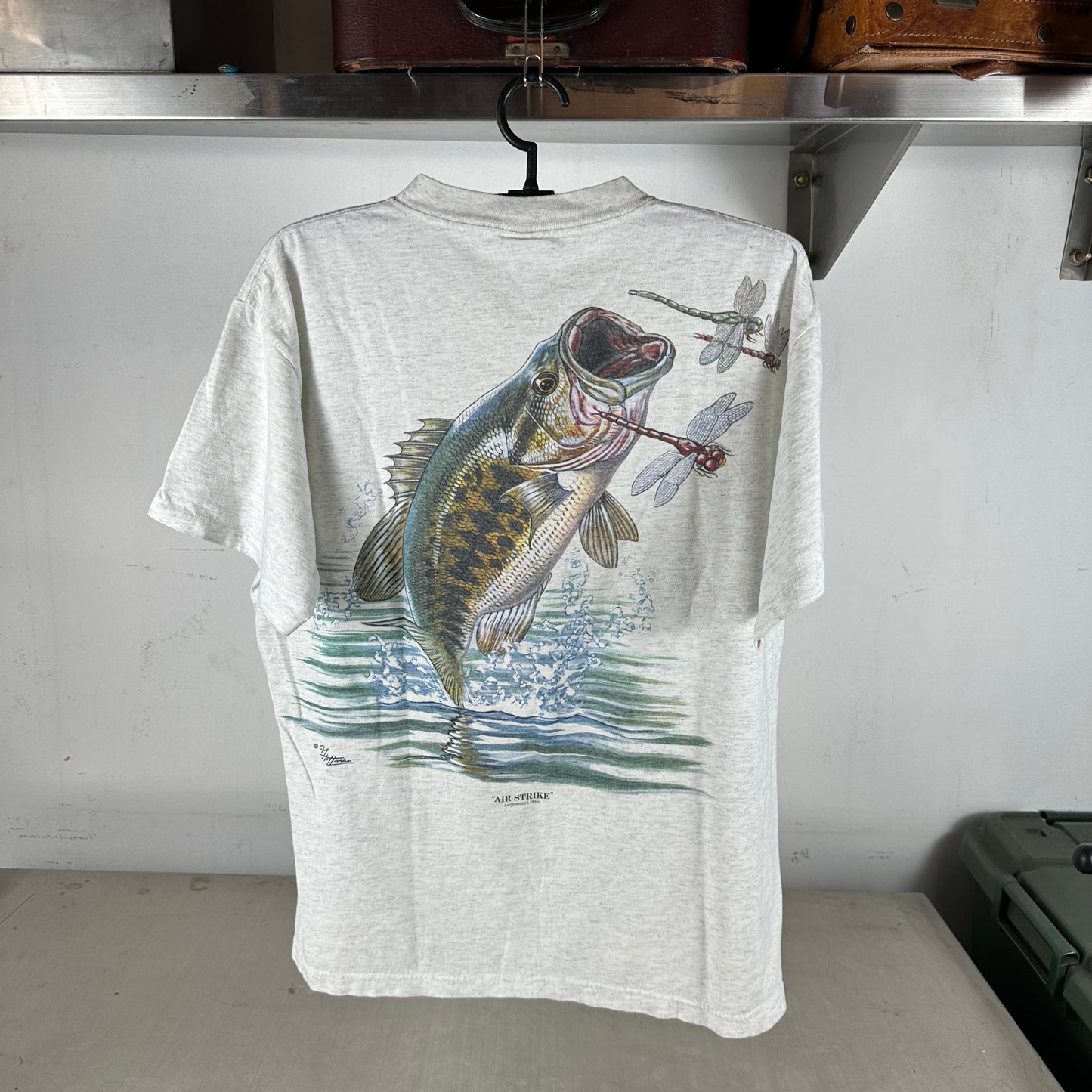Vintage 90s Largemouth Bass Air Strike Environmental Art Wear Graphic T-shirt