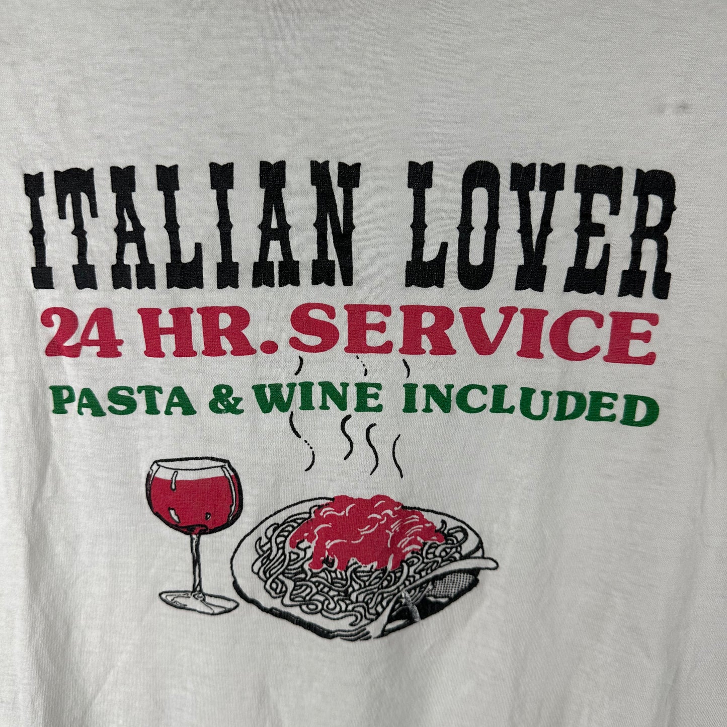 Vintage 80s Italian Lover Pasta & Wine Food Graphic Single Stitch T-shirt