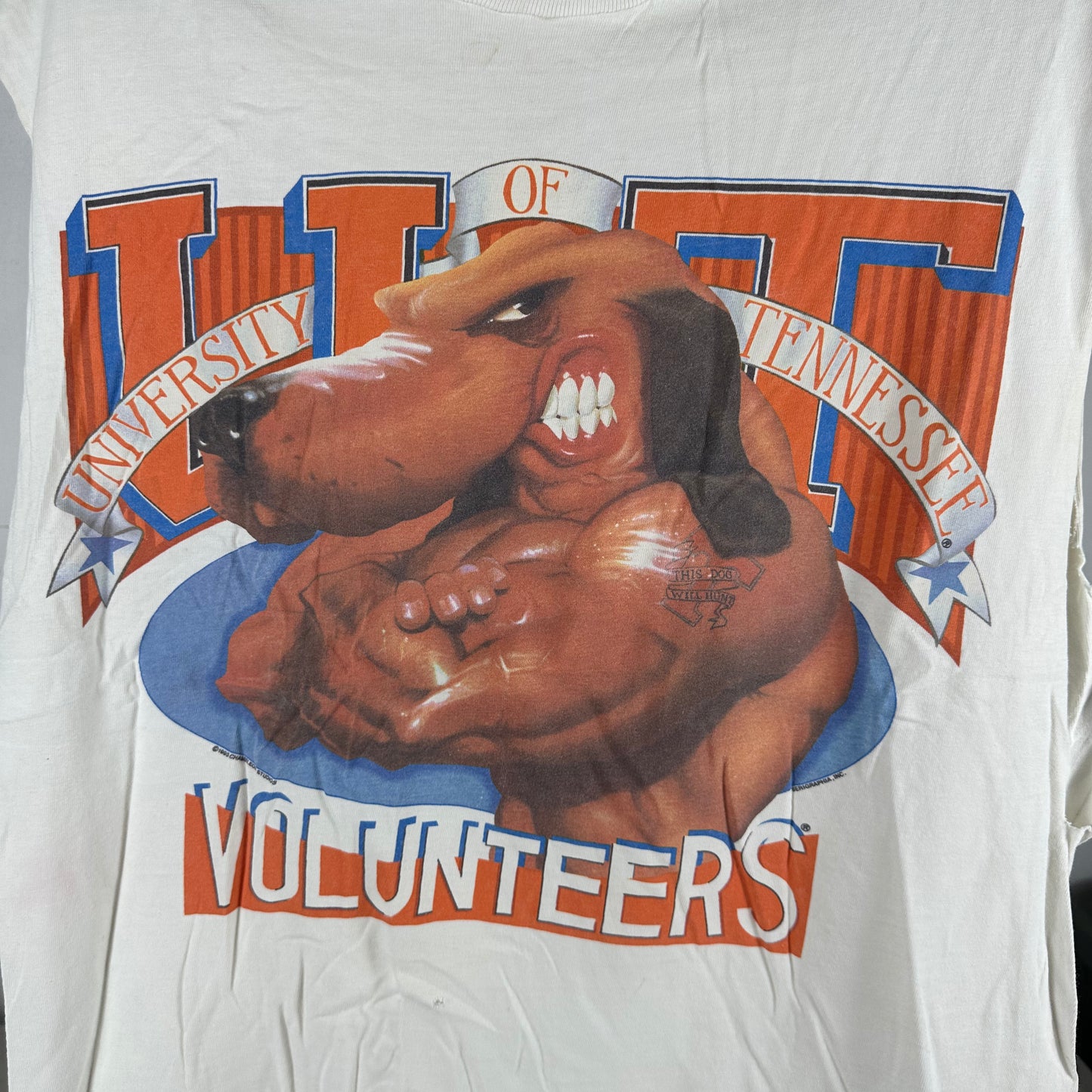 Vintage 1993 Tennessee Volunteers NCAA College Muscle Mascot Single Stitch T-shirt