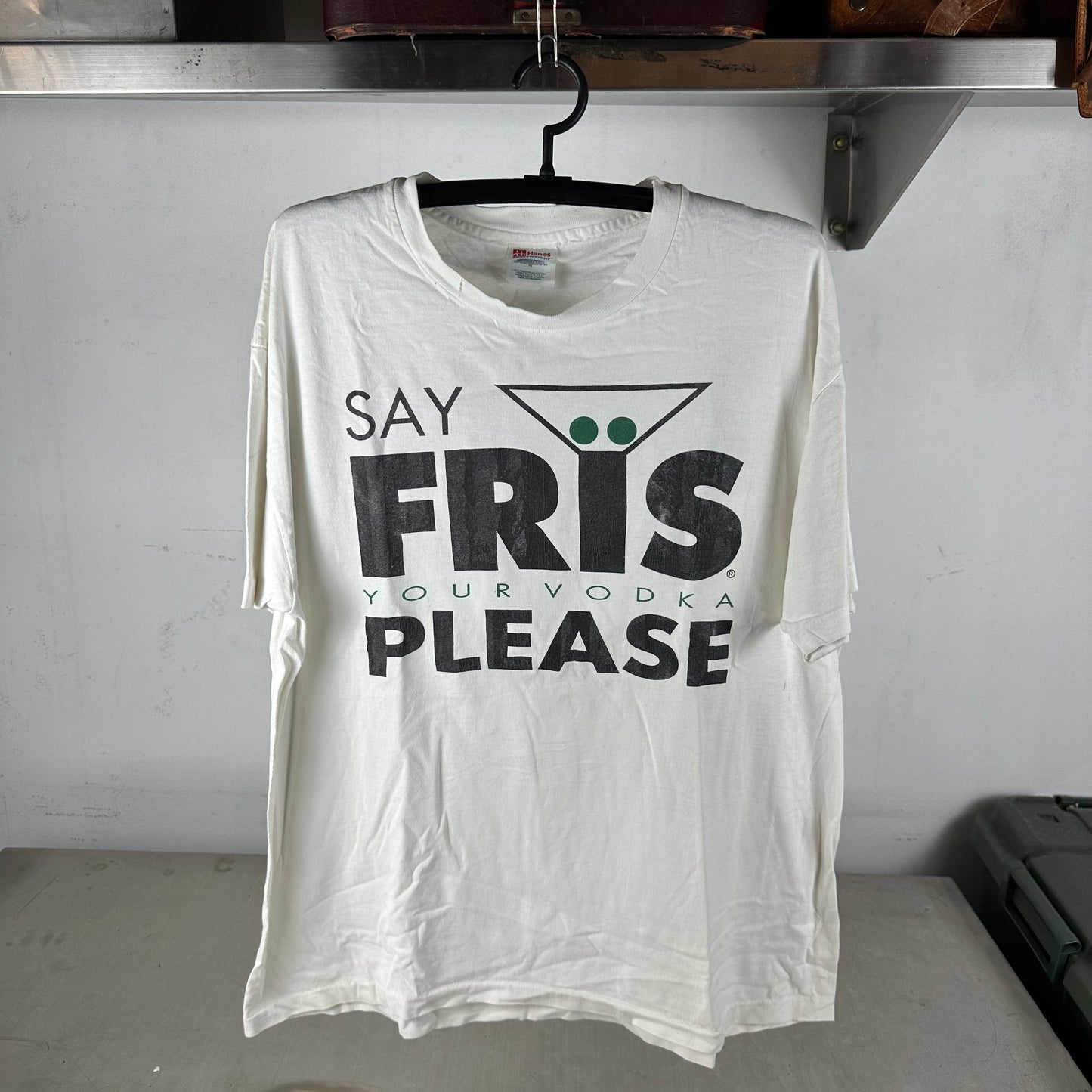 Vintage 90s Say Fris Vodka Please Promo Typography Single Stitch T-shirt