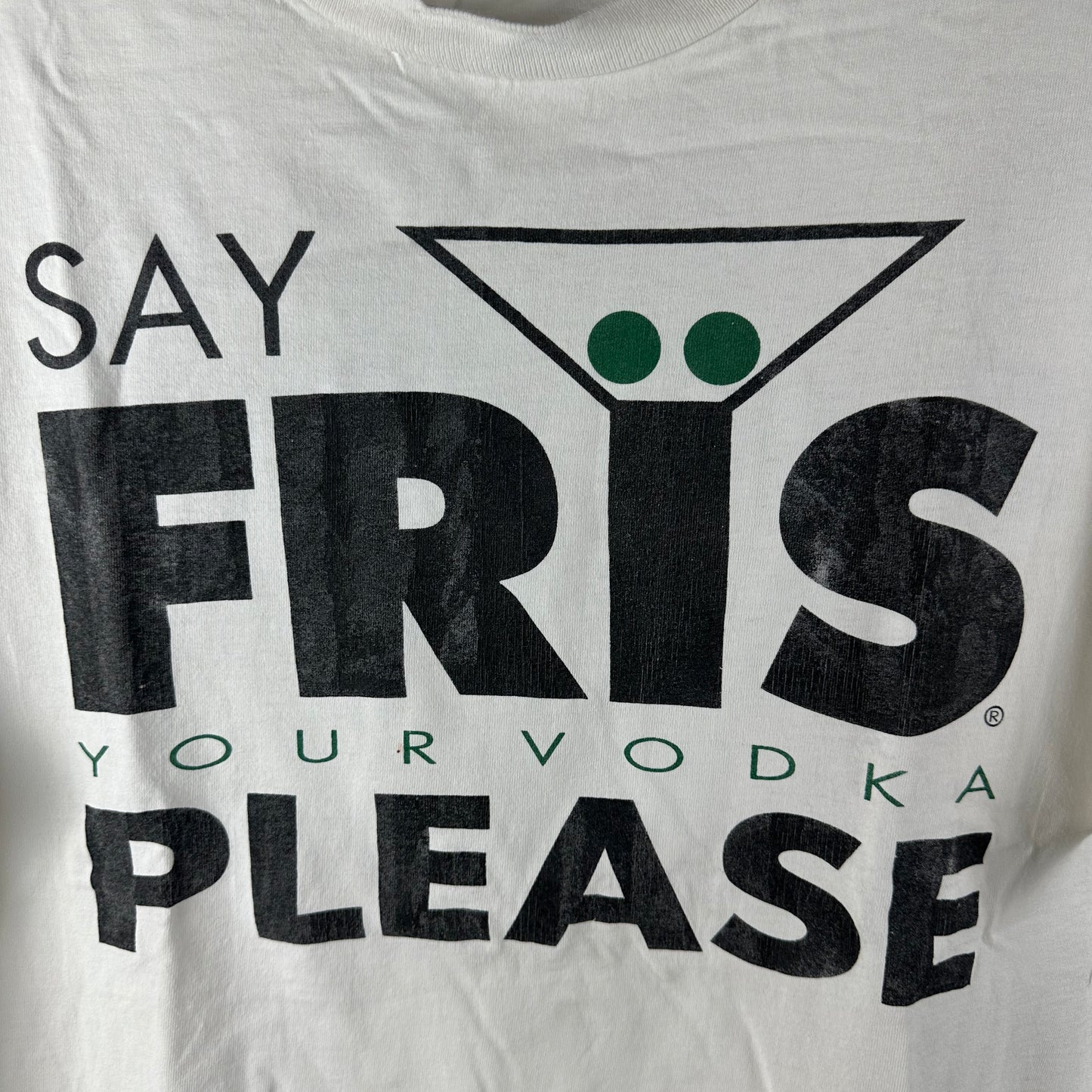 Vintage 90s Say Fris Vodka Please Promo Typography Single Stitch T-shirt