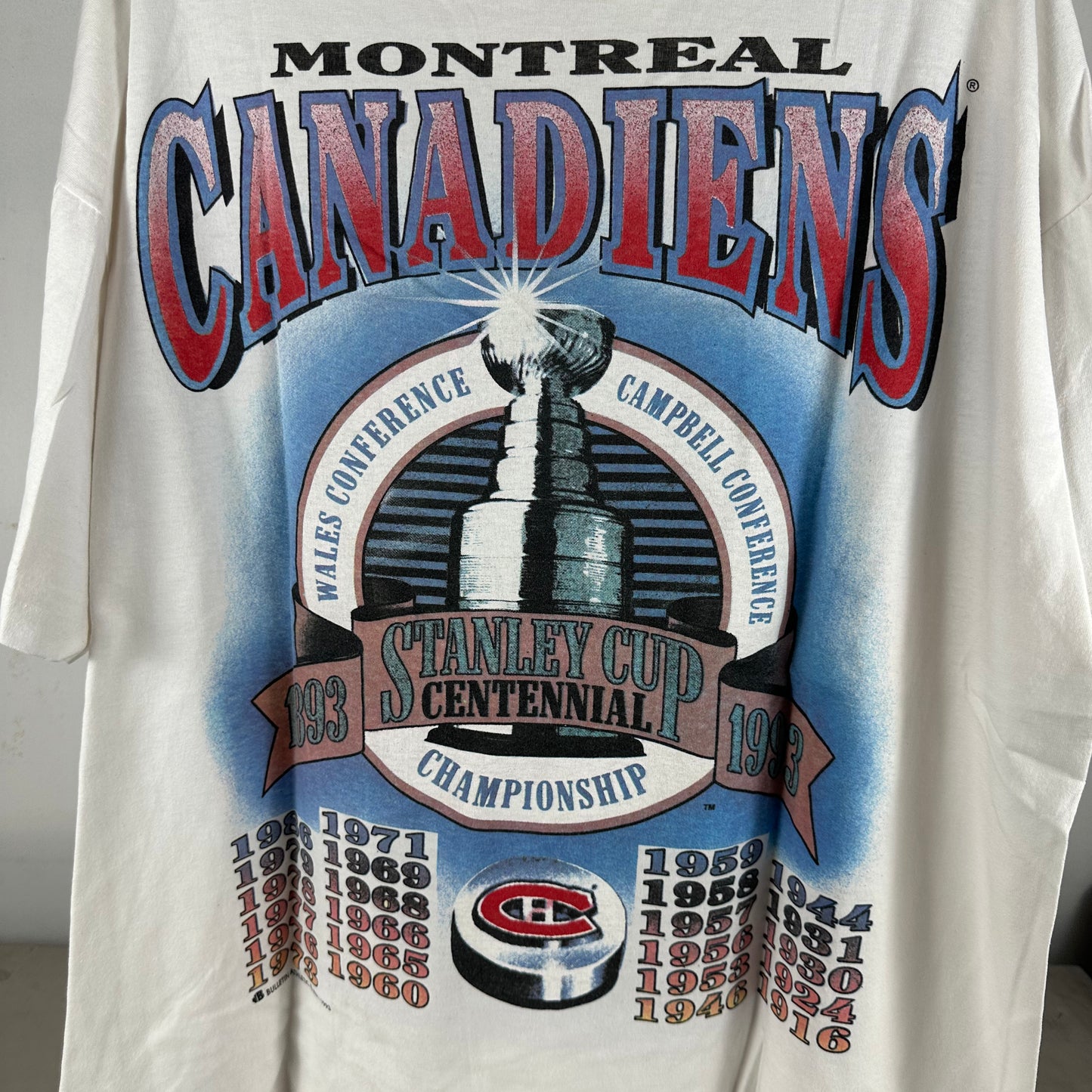 Vintage 1993 Montreal Canadiens Hockey NHL Bulletin Athletic AOP Single Stitch T-shirt