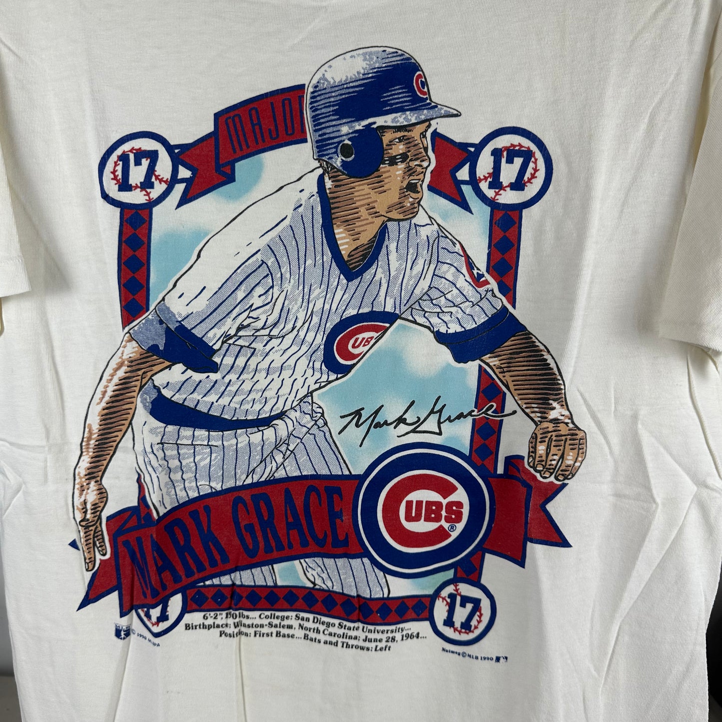Vintage 1990 Mark Grace Chicago Cubs MLB Nutmeg Graphic Single Stitch T-shirt
