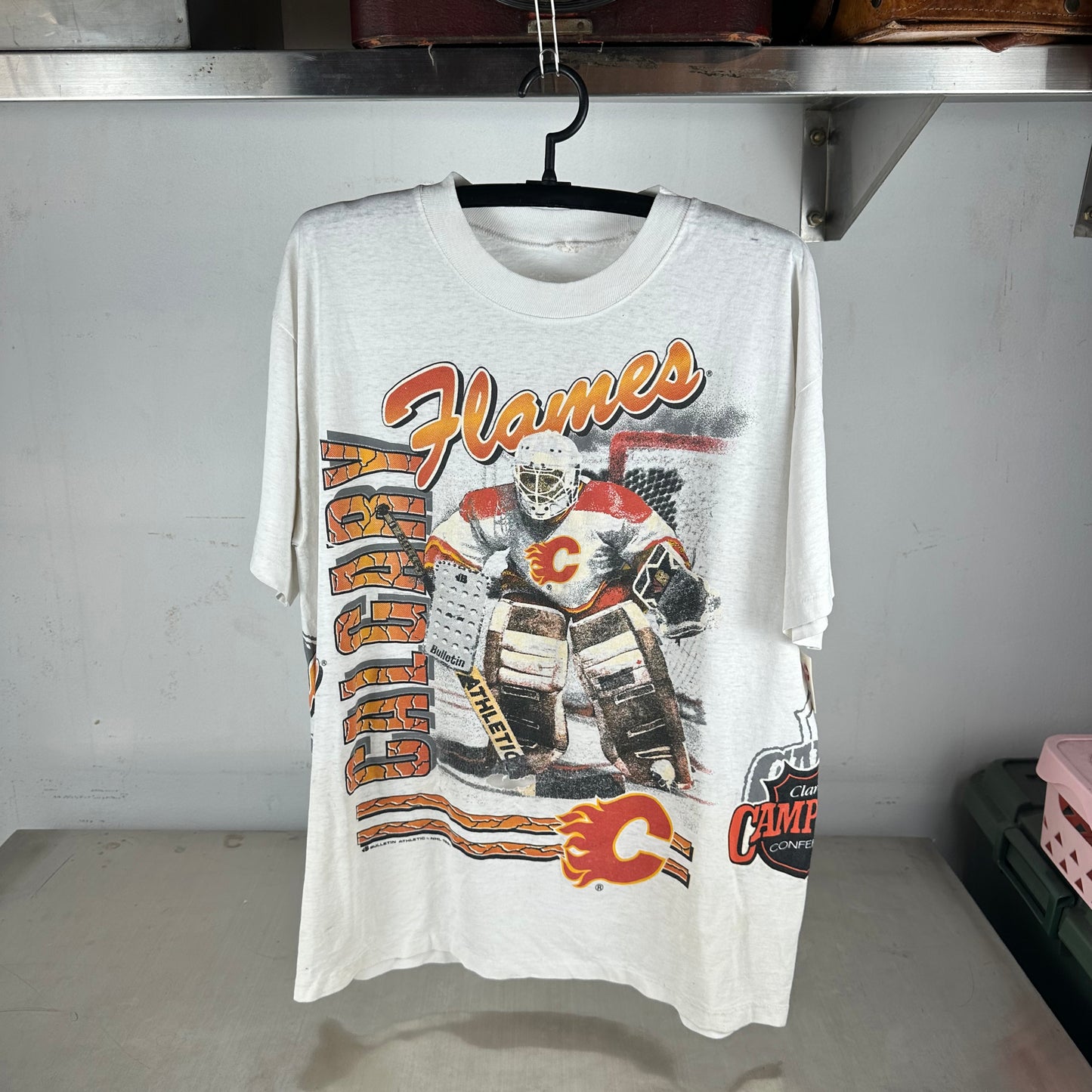 Vintage 90s Calgary Flames Hockey NHL Bulletin Athletic AOP Single Stitch T-shirt