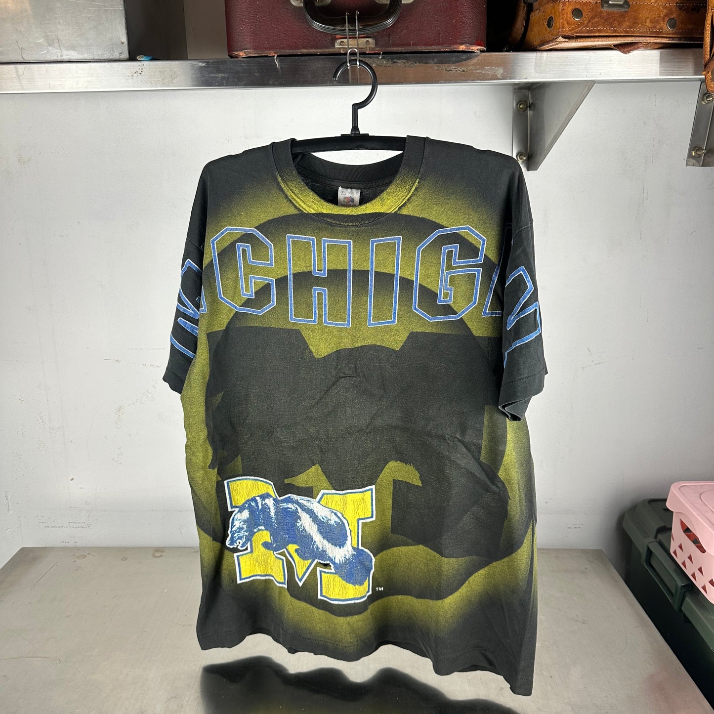Vintage 90s Michigan Wolverines NCAA Shadow AOP Single Stitch T-shirt